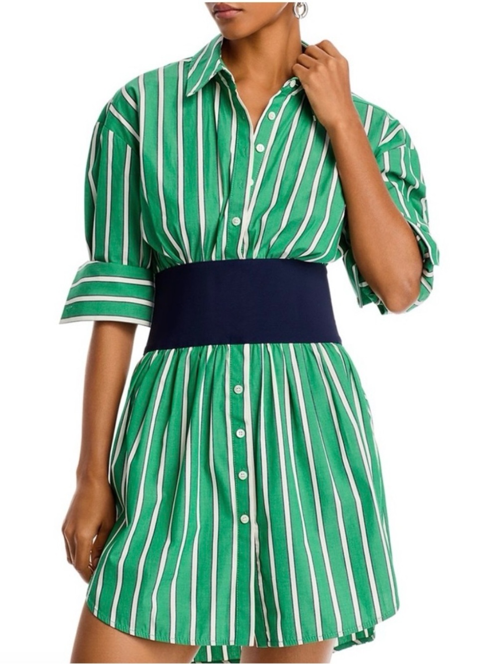 NWT STAUD Green and White Striped Mini Dress with Navy Waistband